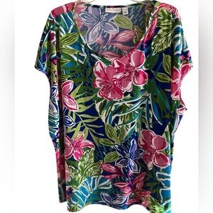 Susan Graver Womens Liquid Knit Hawaiian Tropical Floral Top Blouse‎ Mature 3X